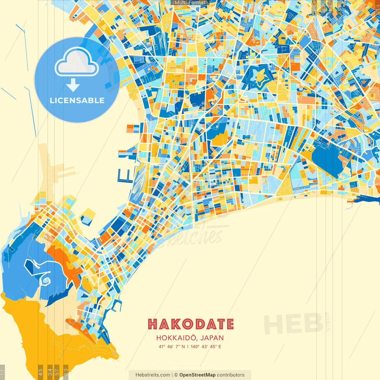 Hakodate, Hokkaidō, Japan blue and orange vector art map template