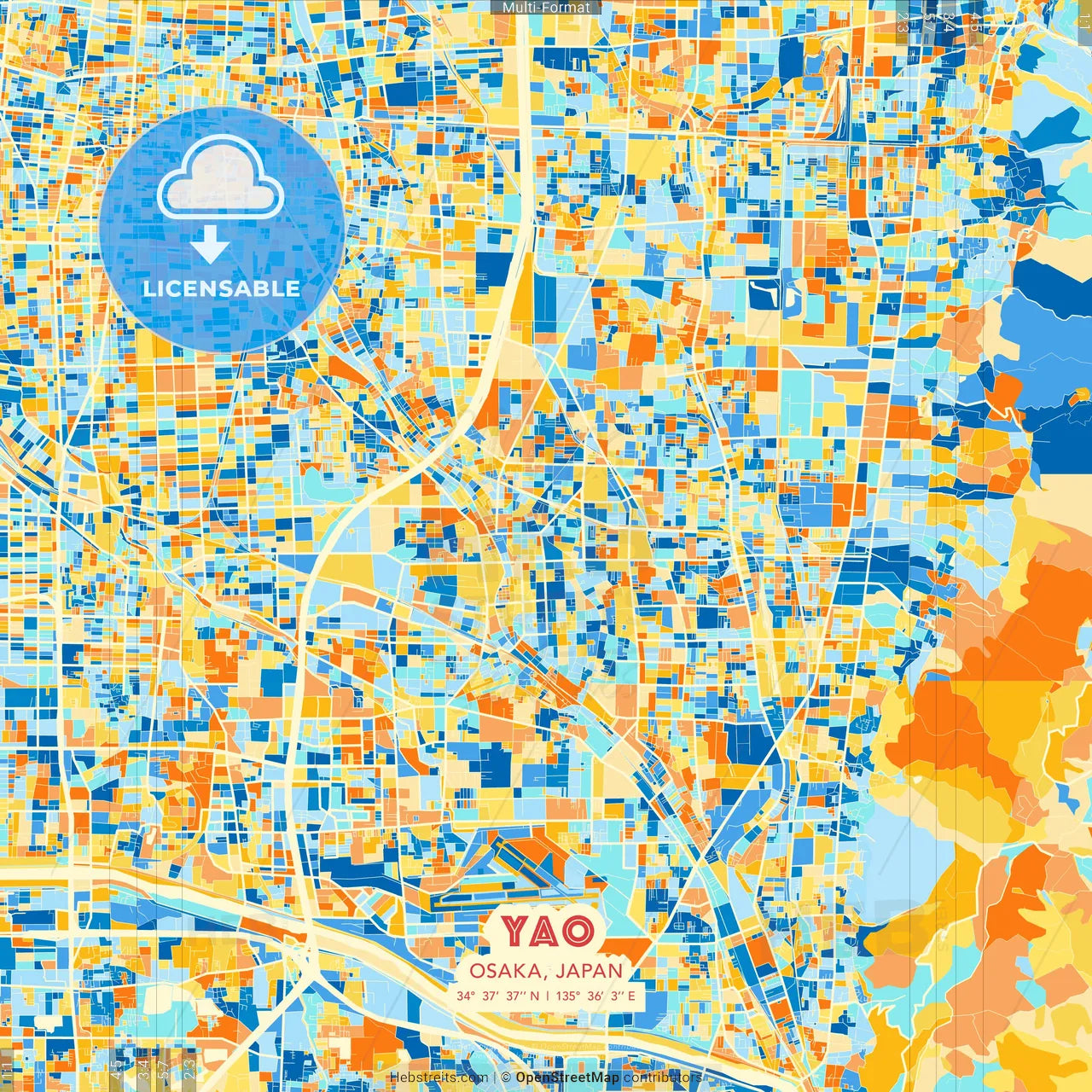 Yao, Osaka, Japan blue and orange vector art map template