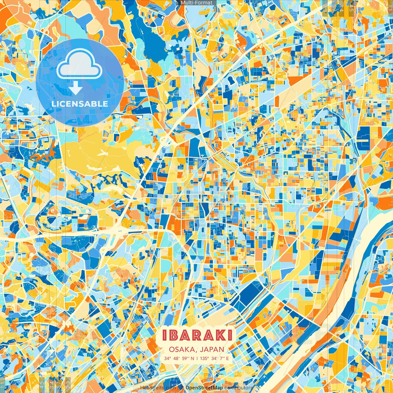 Ibaraki, Osaka, Japan blue and orange vector art map template