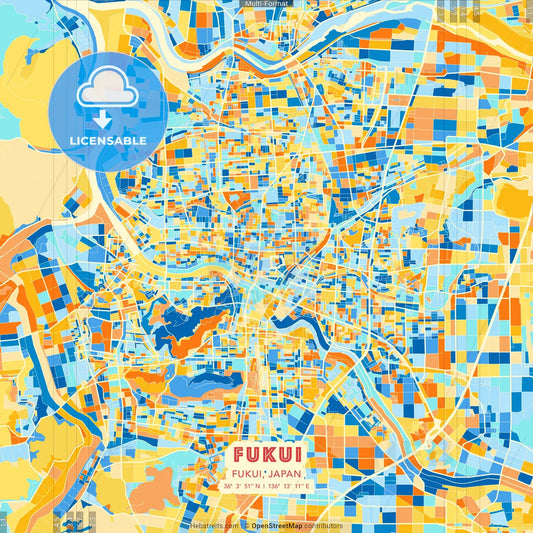 Fukui, Fukui, Japan blue and orange vector art map template