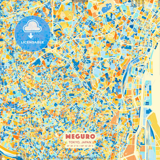 Meguro, Tokyo, Japan blue and orange vector art map template
