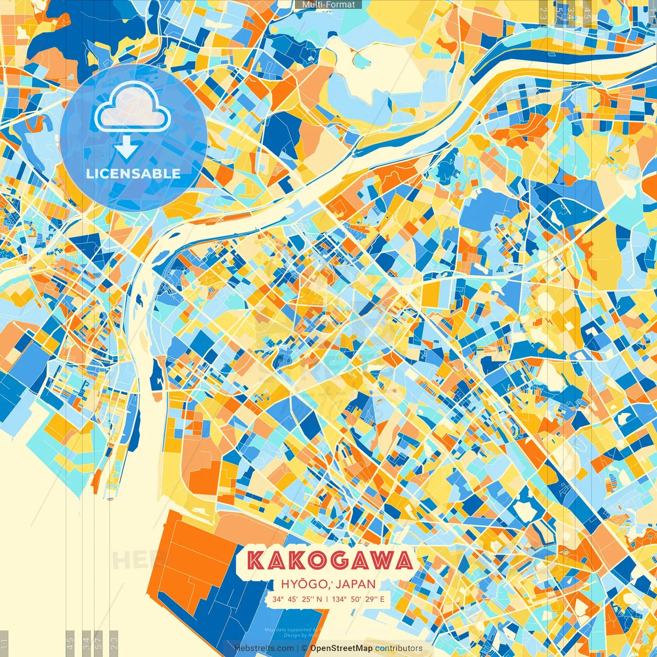 Kakogawa, Hyōgo, Japan blue and orange vector art map template