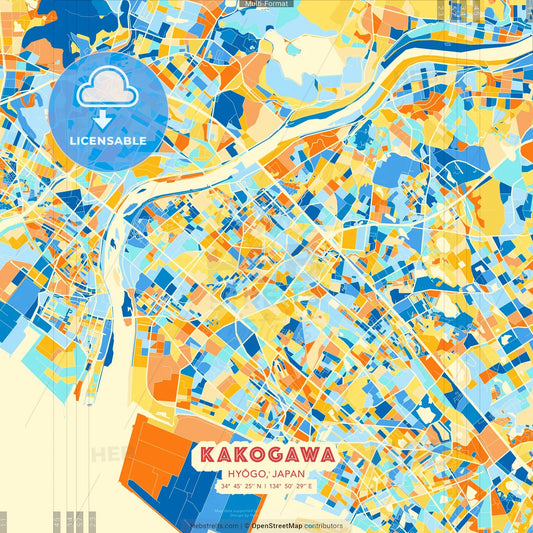 Kakogawa, Hyōgo, Japan blue and orange vector art map template