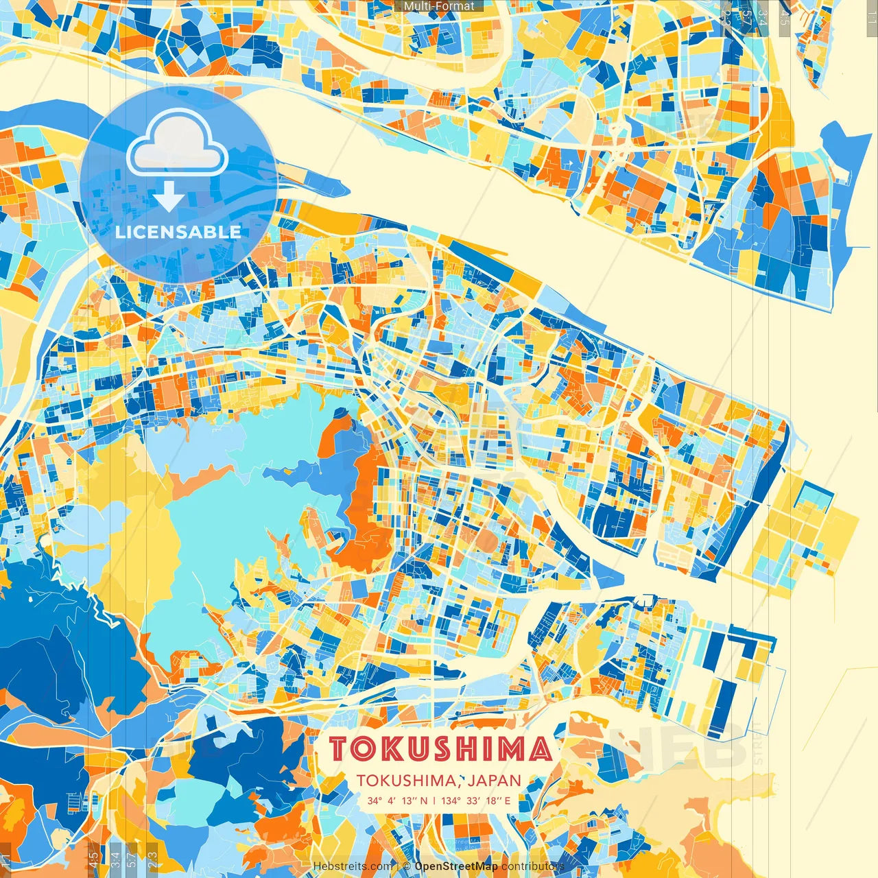 Tokushima, Tokushima, Japan blue and orange vector art map template