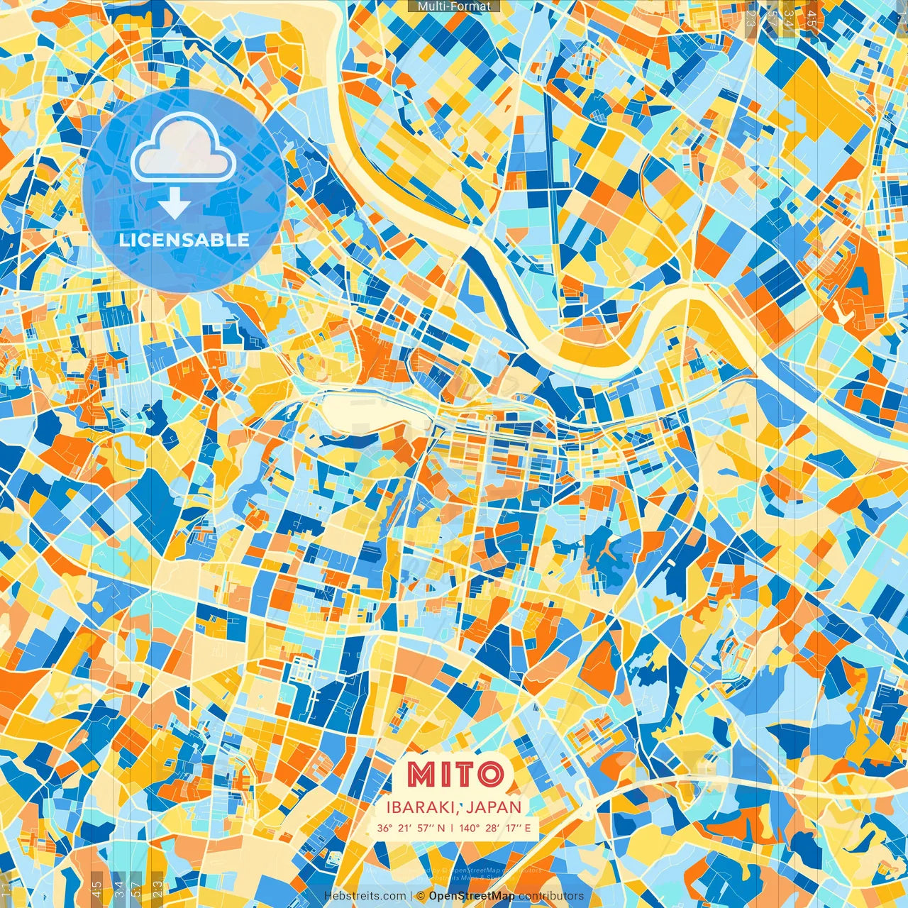 Mito, Ibaraki, Japan blue and orange vector art map template