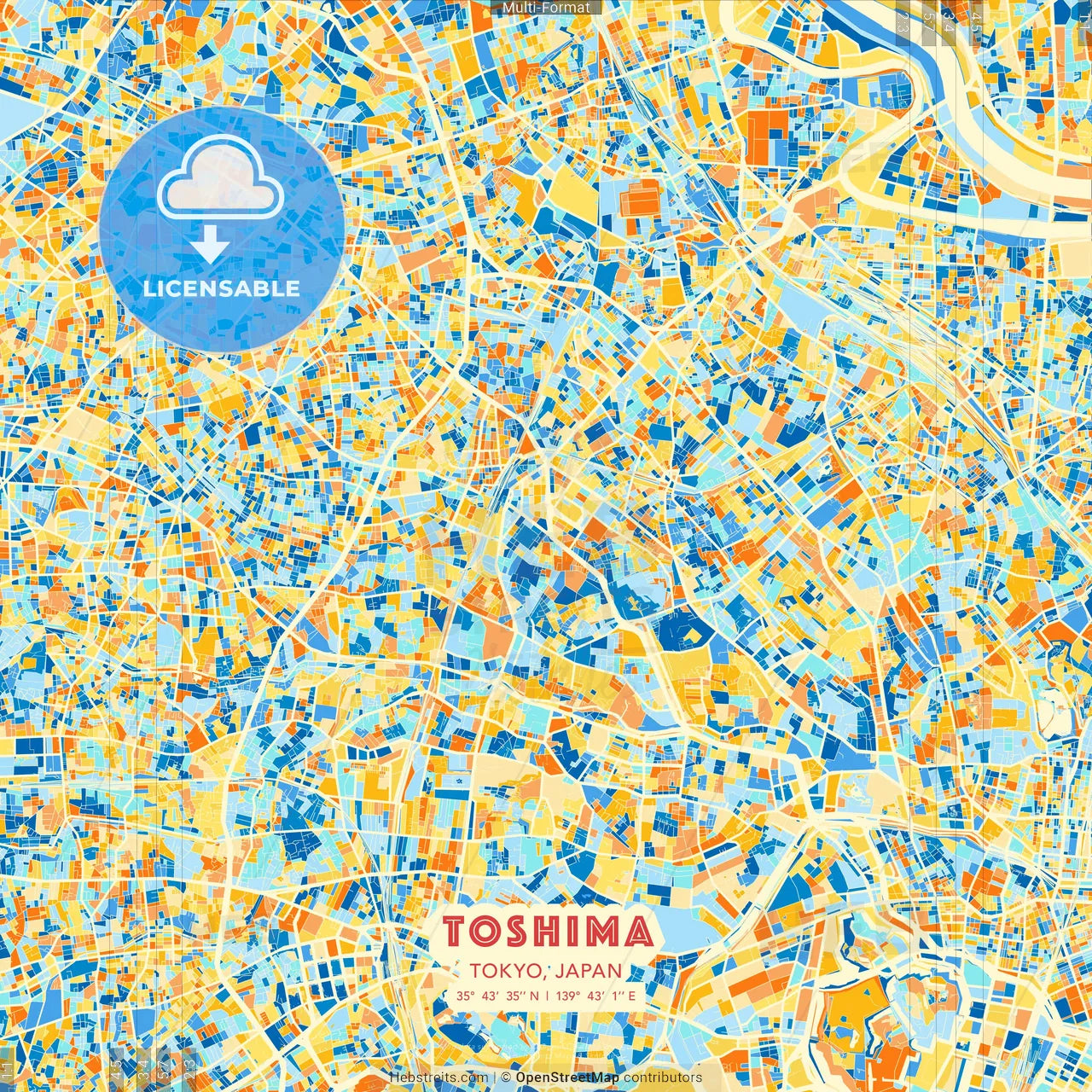 Toshima, Tokyo, Japan blue and orange vector art map template