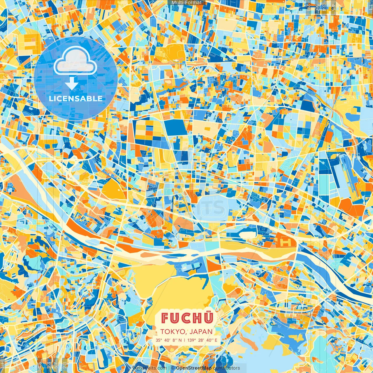 Fuchū, Tokyo, Japan blue and orange vector art map template