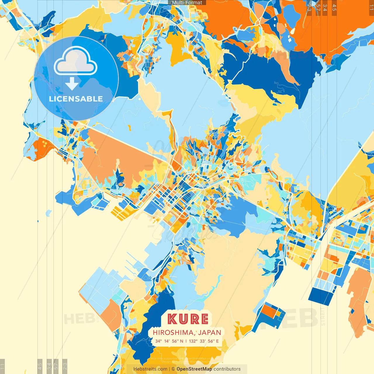 Kure, Hiroshima, Japan blue and orange vector art map template