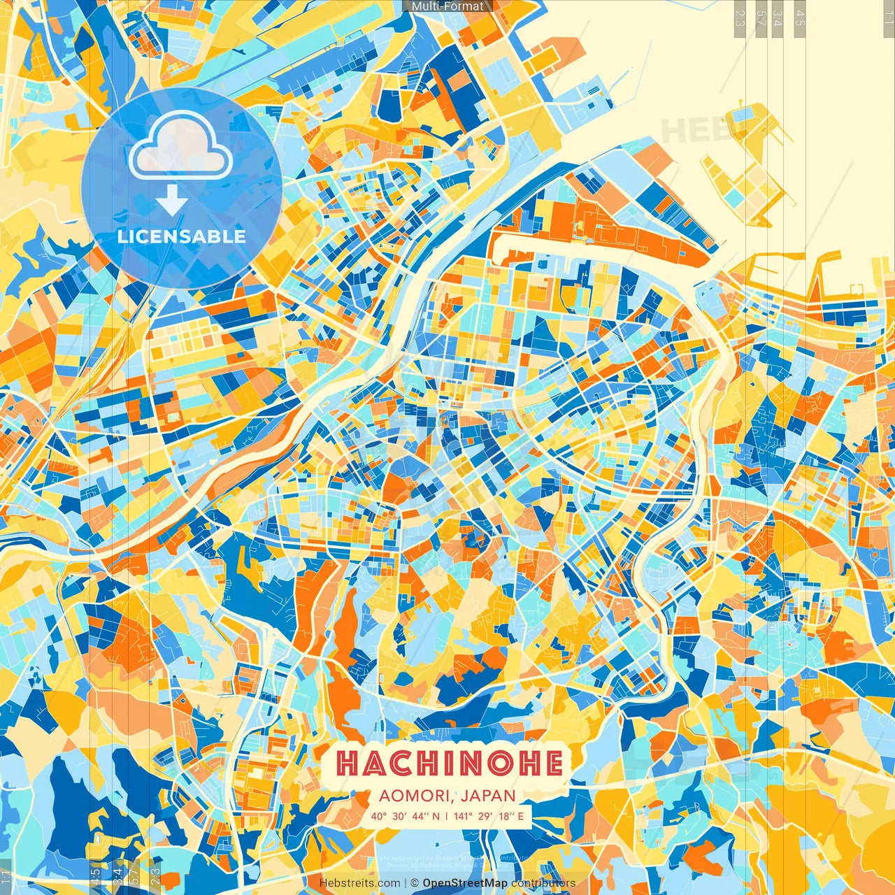 Hachinohe, Aomori, Japan blue and orange vector art map template