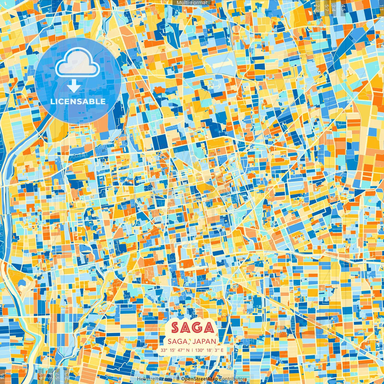 Saga, Saga, Japan blue and orange vector art map template