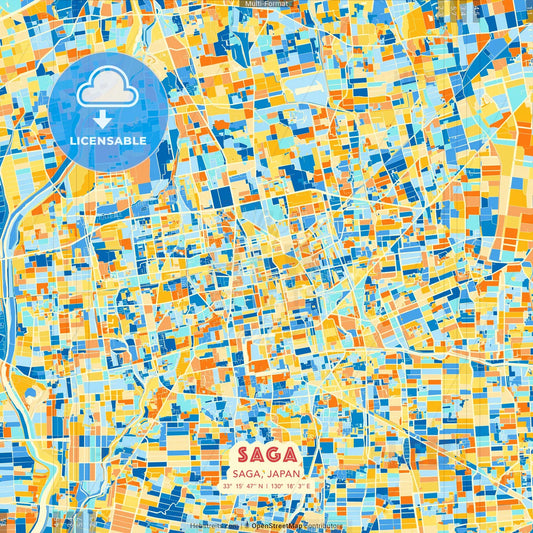 Saga, Saga, Japan blue and orange vector art map template