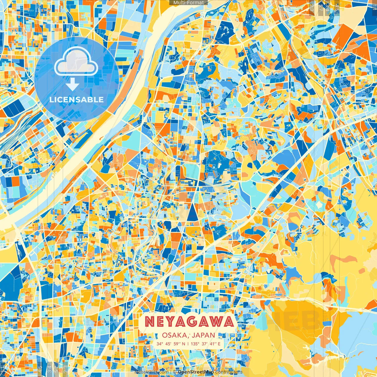 Neyagawa, Osaka, Japan blue and orange vector art map template
