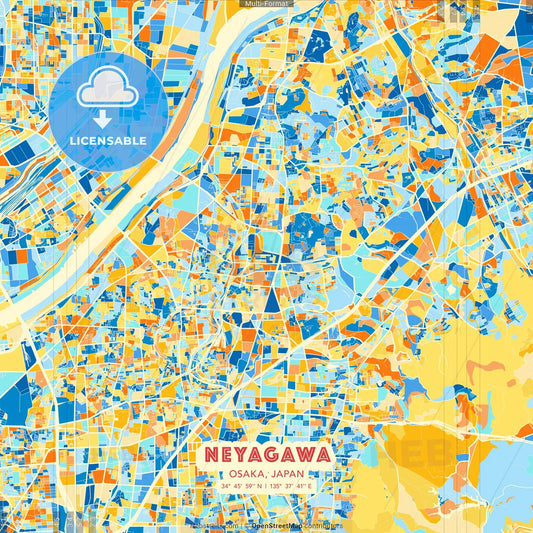 Neyagawa, Osaka, Japan blue and orange vector art map template