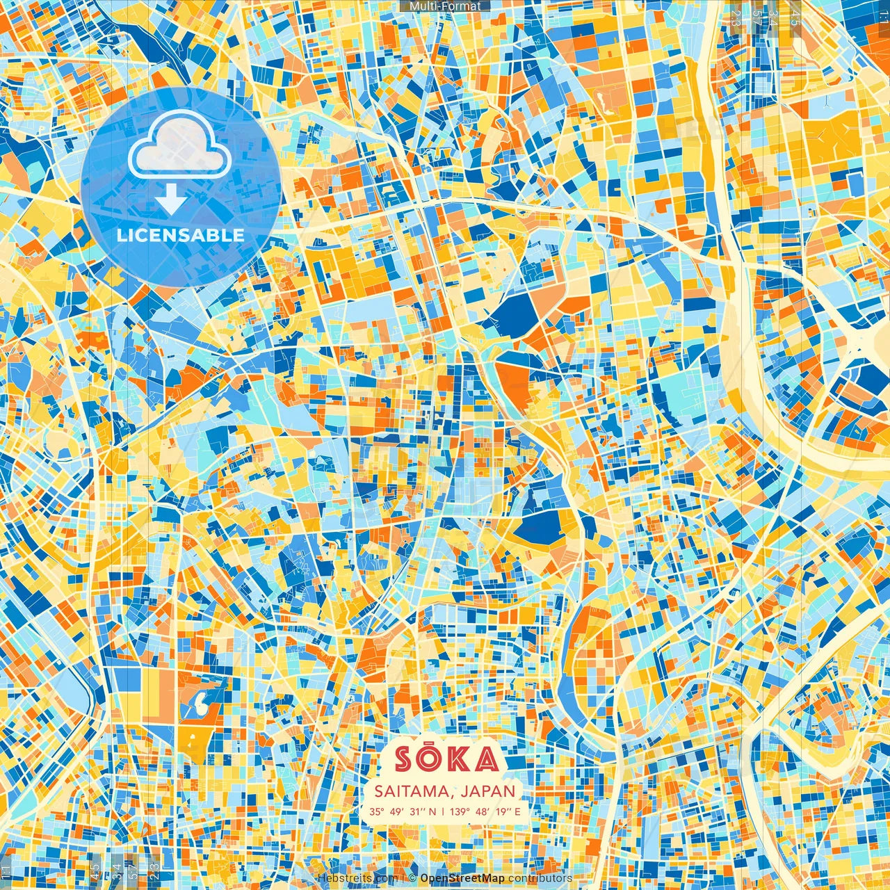 Sōka, Saitama, Japan blue and orange vector art map template