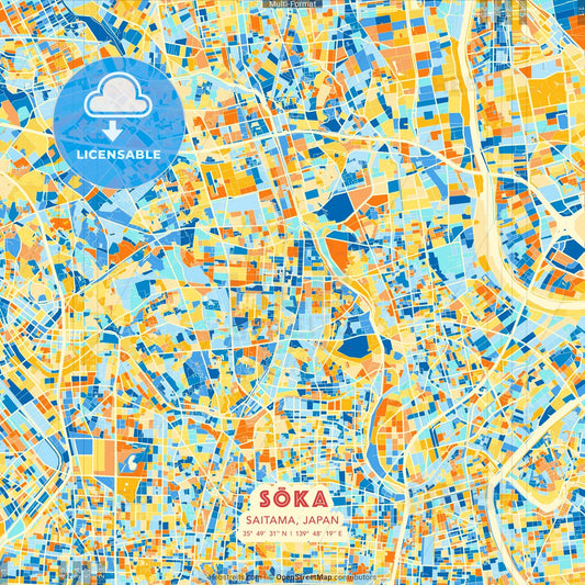 Sōka, Saitama, Japan blue and orange vector art map template