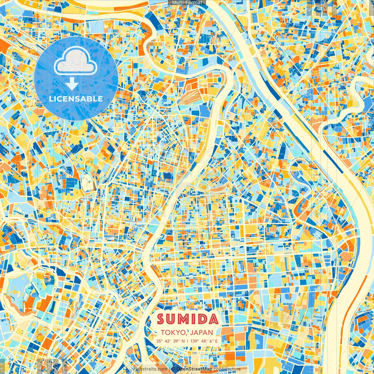 Sumida, Tokyo, Japan blue and orange vector art map template