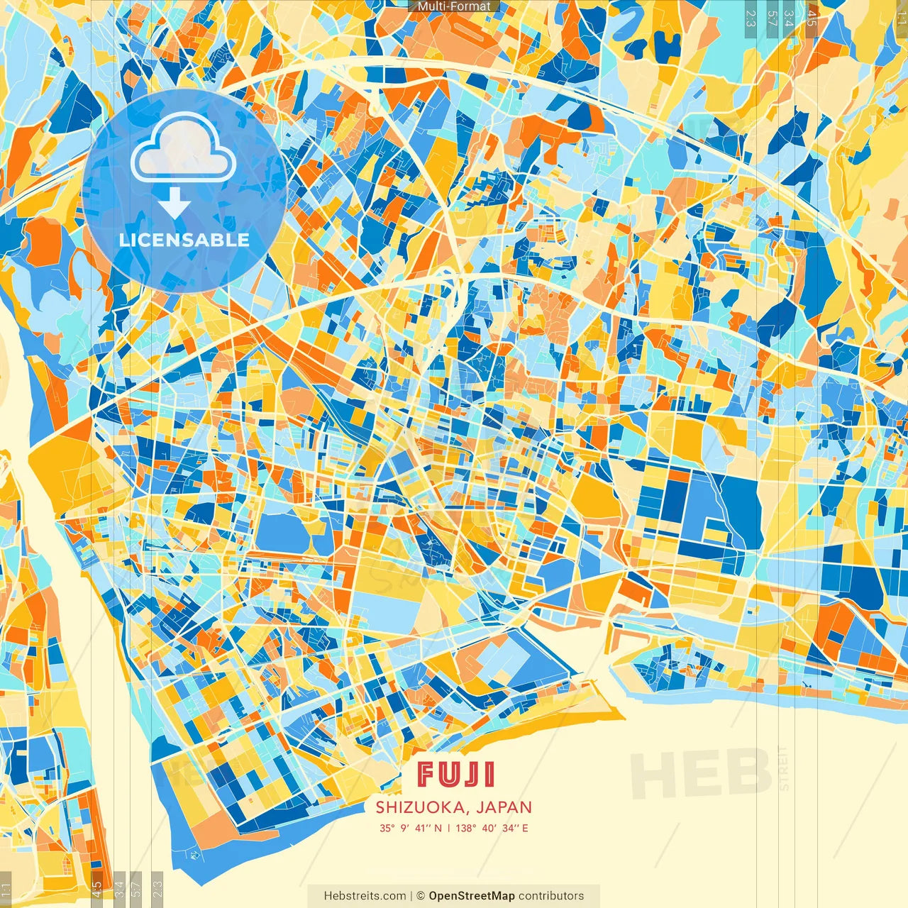 Fuji, Shizuoka, Japan blue and orange vector art map template