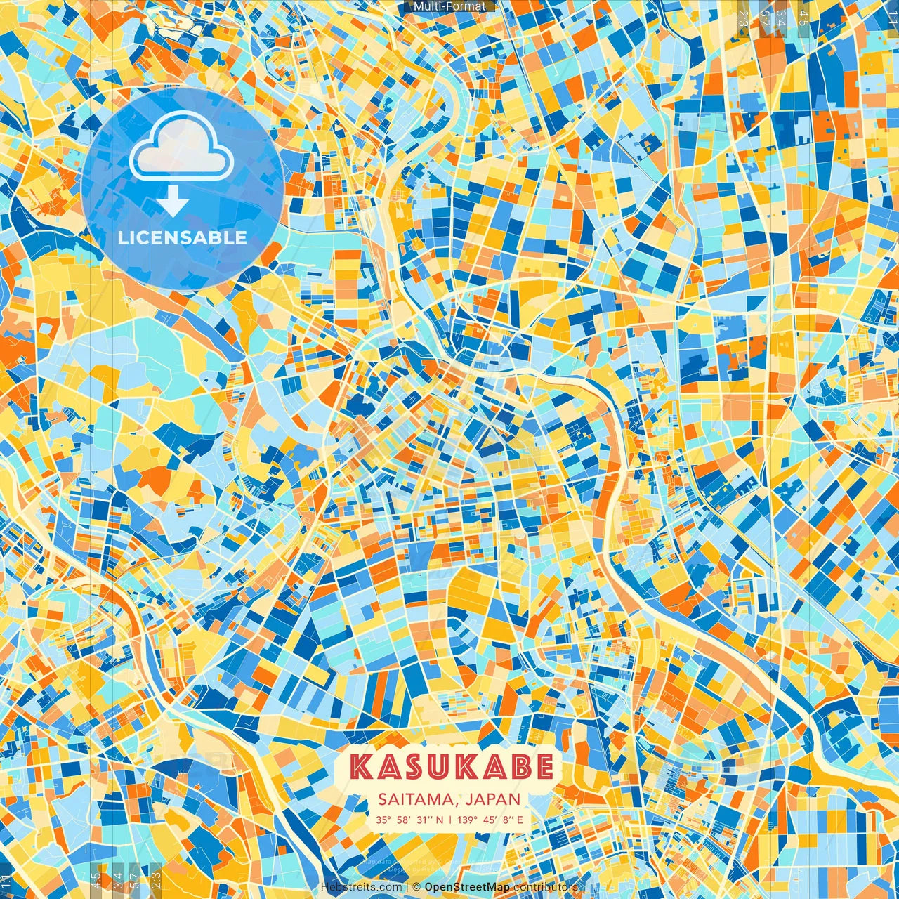 Kasukabe, Saitama, Japan blue and orange vector art map template