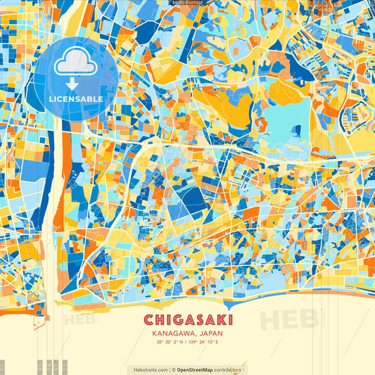Chigasaki, Kanagawa, Japan blue and orange vector art map template