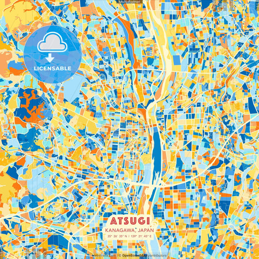 Atsugi, Kanagawa, Japan blue and orange vector art map template