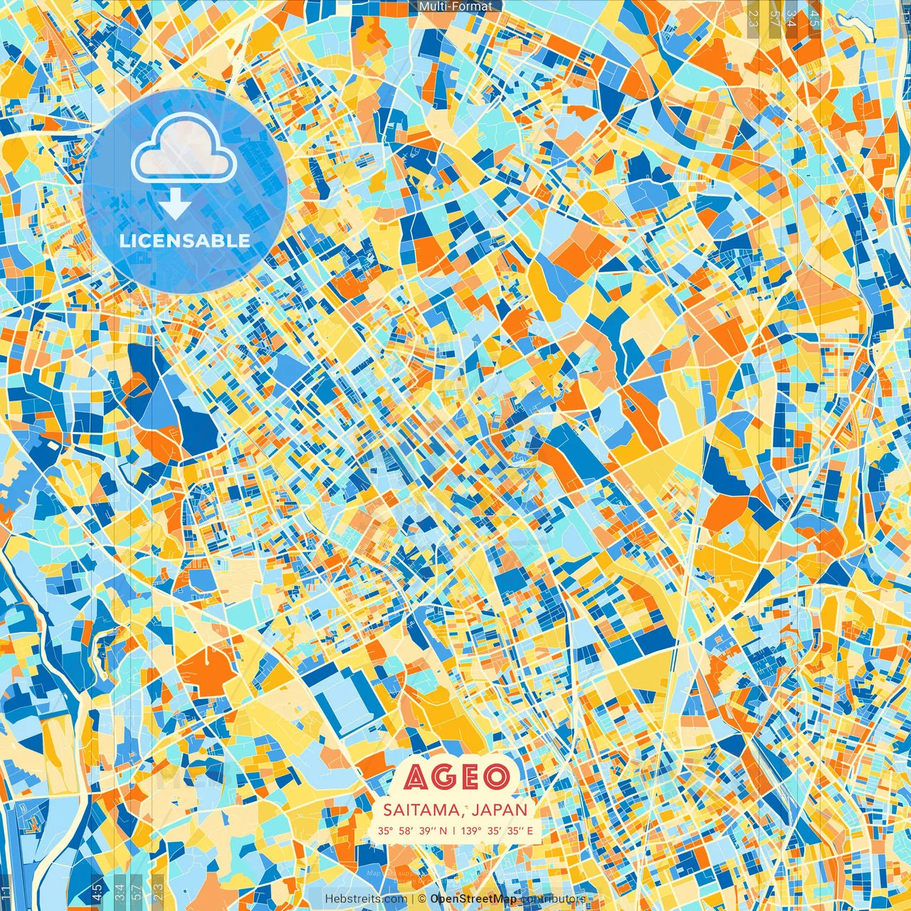 Ageo, Saitama, Japan blue and orange vector art map template