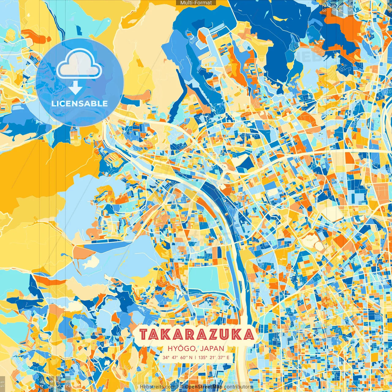 Takarazuka, Hyōgo, Japan blue and orange vector art map template
