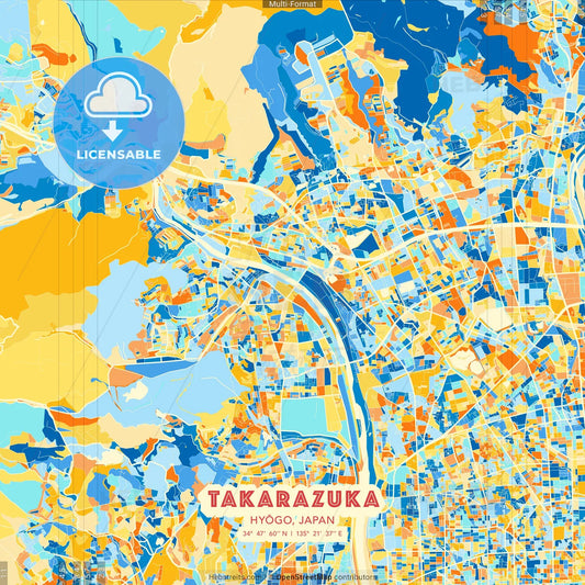 Takarazuka, Hyōgo, Japan blue and orange vector art map template