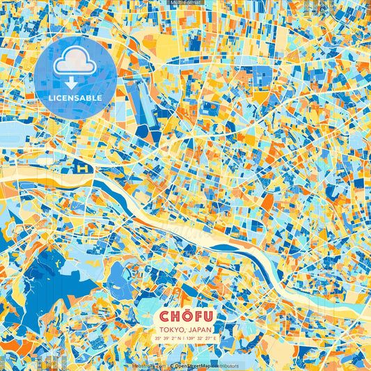 Chōfu, Tokyo, Japan blue and orange vector art map template