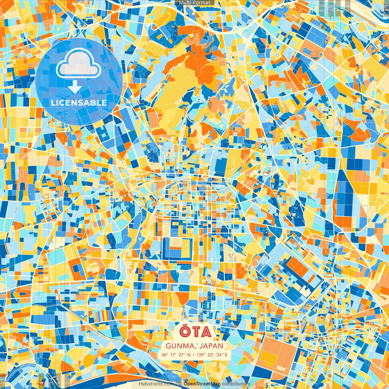 Ōta, Gunma, Japan blue and orange vector art map template