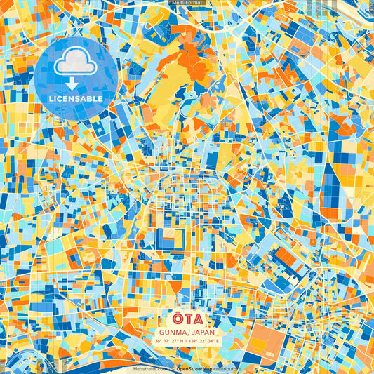 Ōta, Gunma, Japan blue and orange vector art map template
