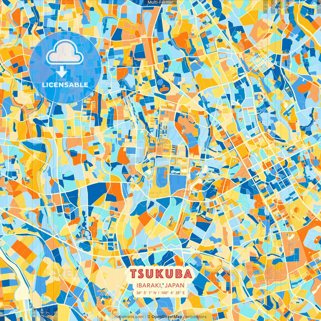 Tsukuba, Ibaraki, Japan blue and orange vector art map template