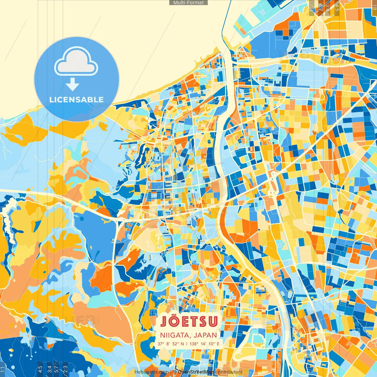 Jōetsu, Niigata, Japan blue and orange vector art map template