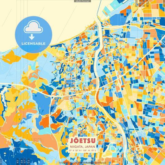 Jōetsu, Niigata, Japan blue and orange vector art map template