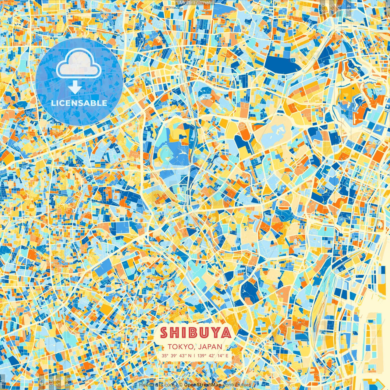 Shibuya, Tokyo, Japan blue and orange vector art map template