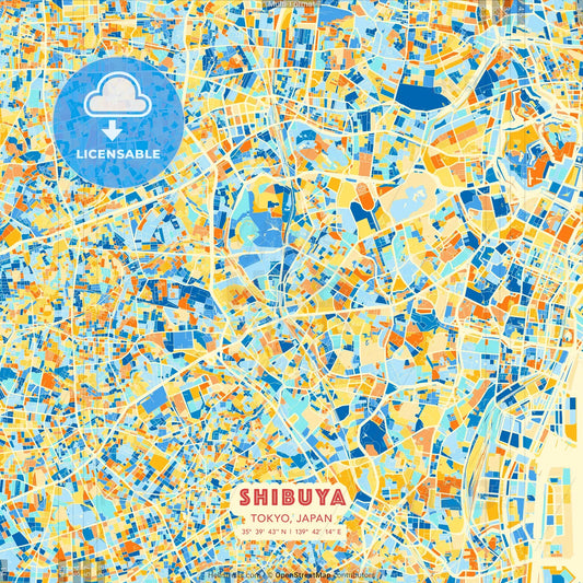 Shibuya, Tokyo, Japan blue and orange vector art map template