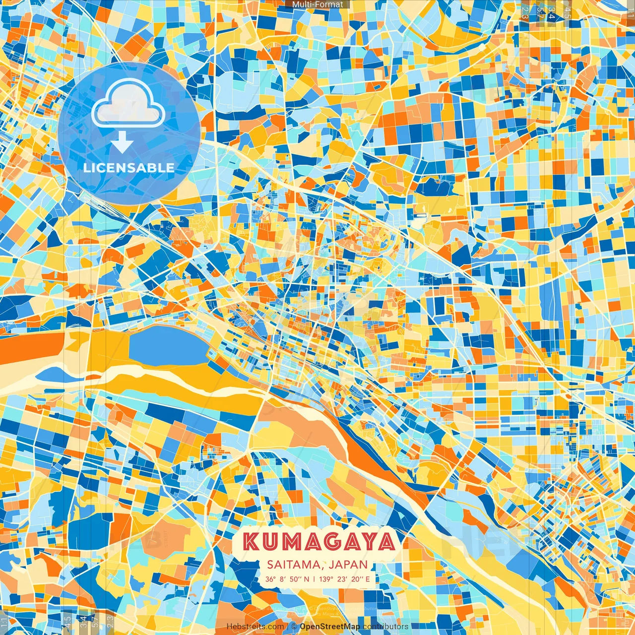 Kumagaya, Saitama, Japan blue and orange vector art map template