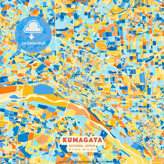 Kumagaya, Saitama, Japan blue and orange vector art map template