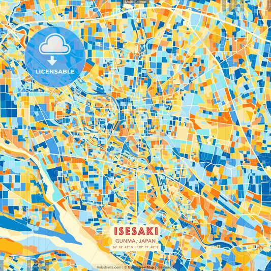 Isesaki, Gunma, Japan blue and orange vector art map template