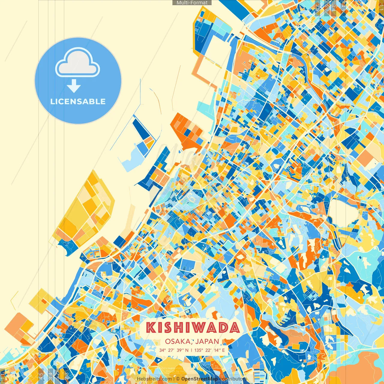 Kishiwada, Osaka, Japan blue and orange vector art map template