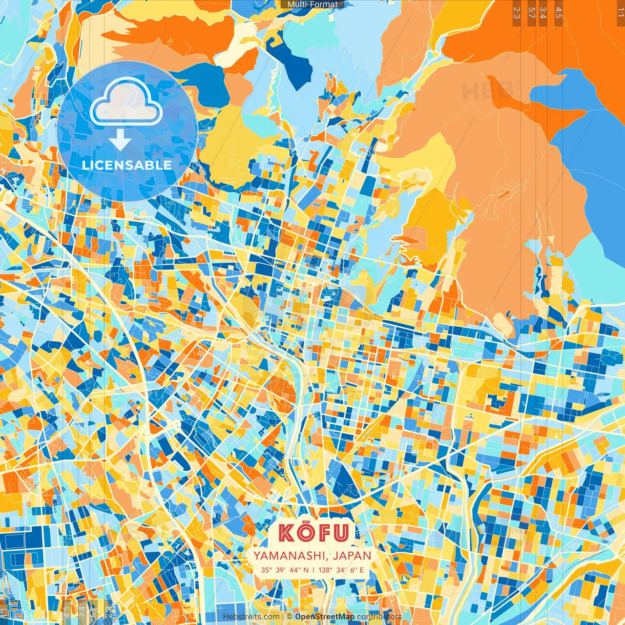 Kōfu, Yamanashi, Japan blue and orange vector art map template