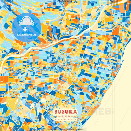 Suzuka, Mie, Japan blue and orange vector art map template