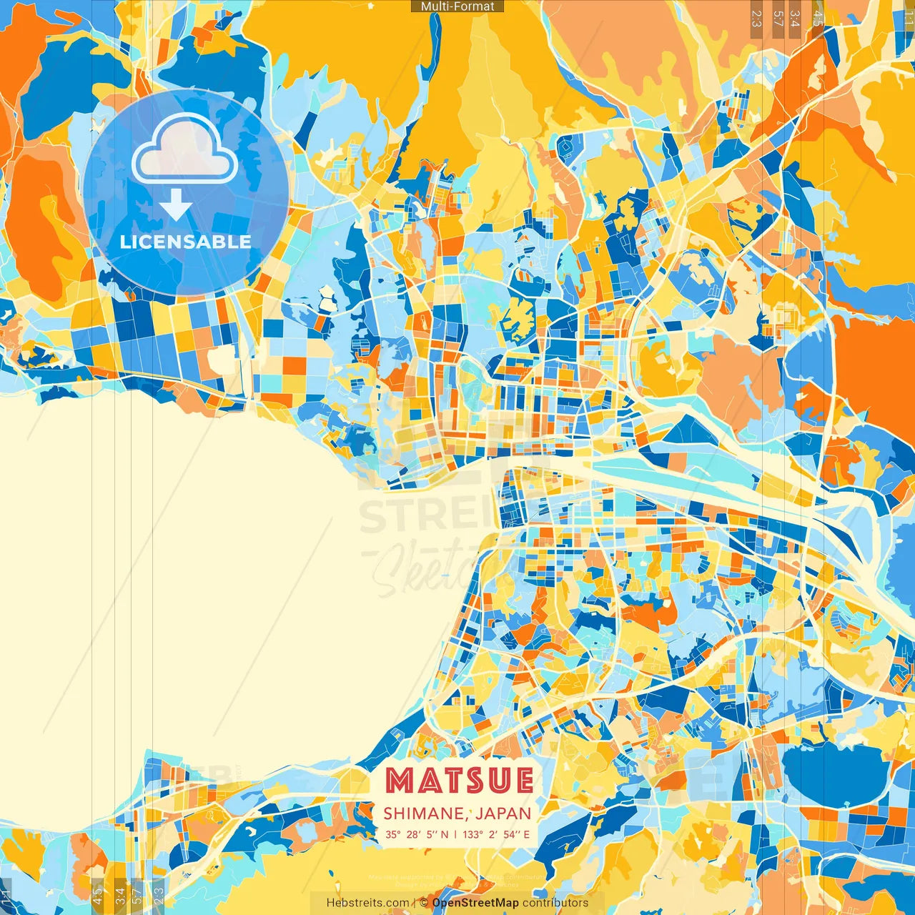 Matsue, Shimane, Japan blue and orange vector art map template