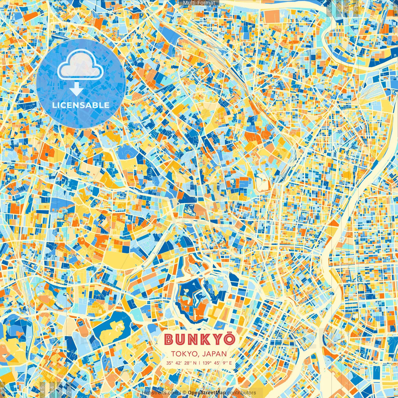 Bunkyō, Tokyo, Japan blue and orange vector art map template