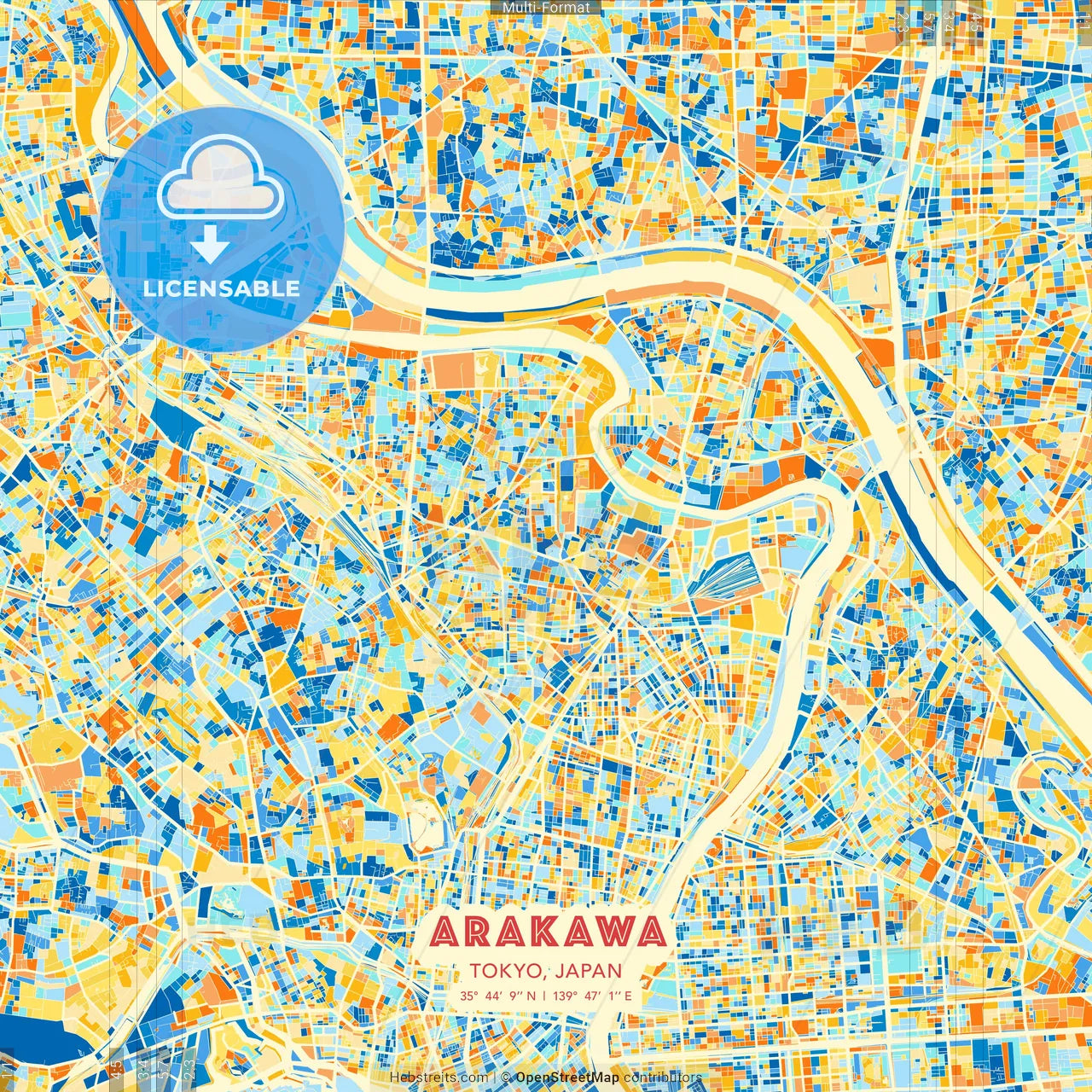 Arakawa, Tokyo, Japan blue and orange vector art map template