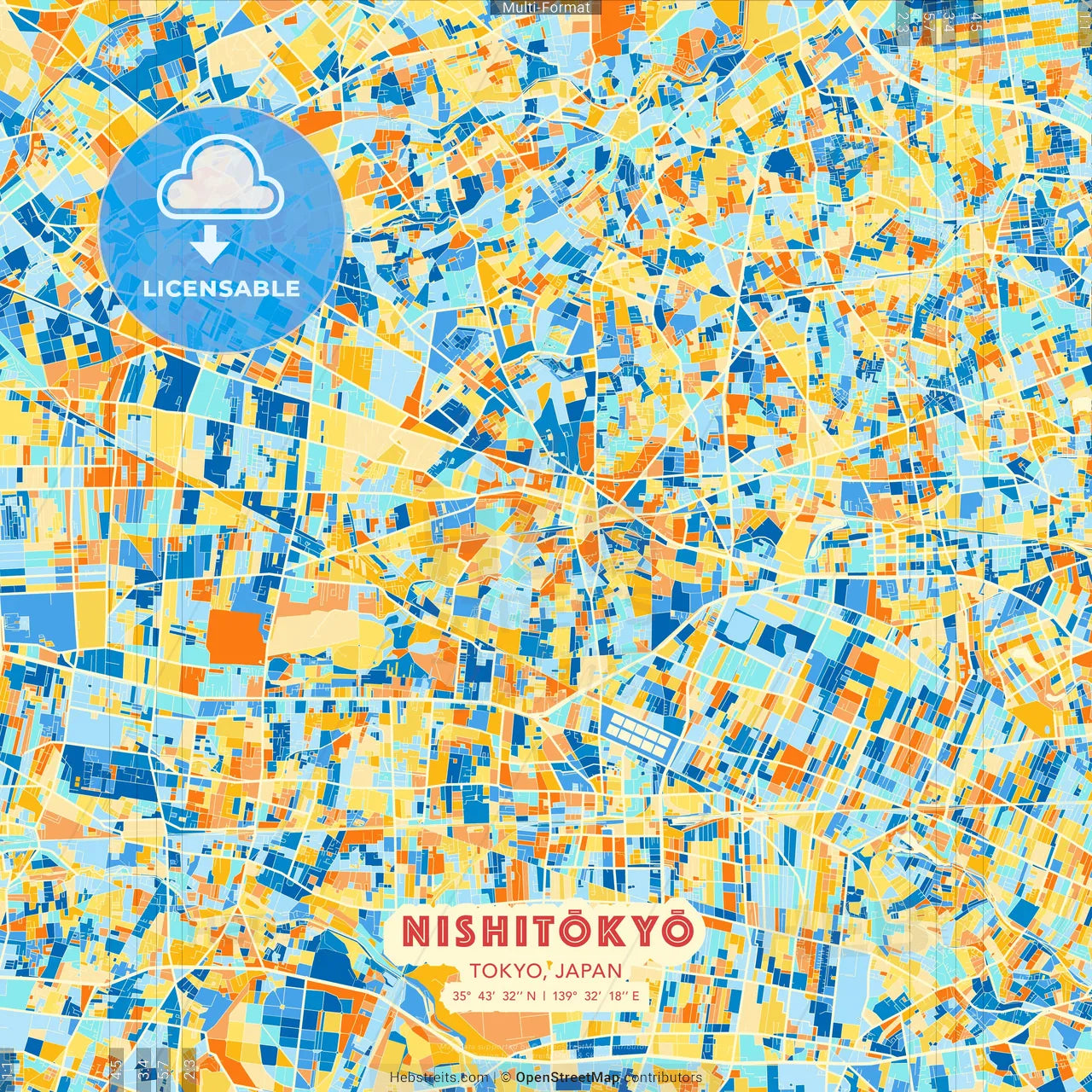 Nishitōkyō, Tokyo, Japan blue and orange vector art map template