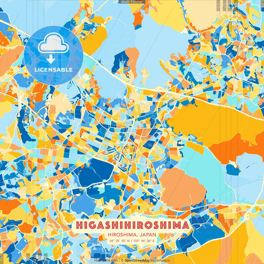 Higashihiroshima, Hiroshima, Japan blue and orange vector art map template