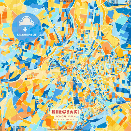 Hirosaki, Aomori, Japan blue and orange vector art map template
