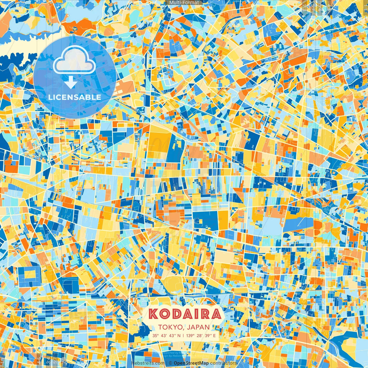 Kodaira, Tokyo, Japan blue and orange vector art map template