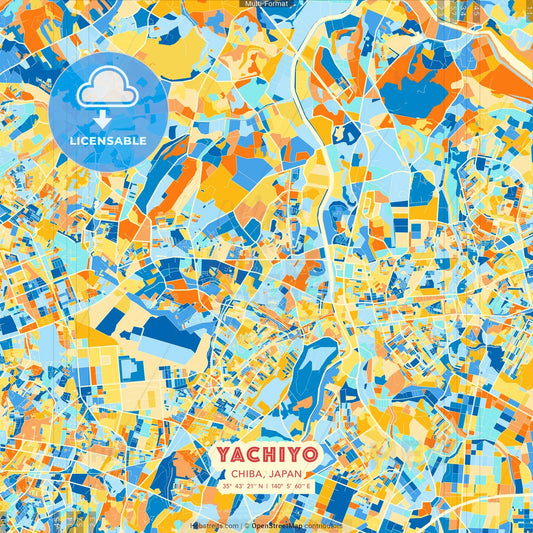 Yachiyo, Chiba, Japan blue and orange vector art map template