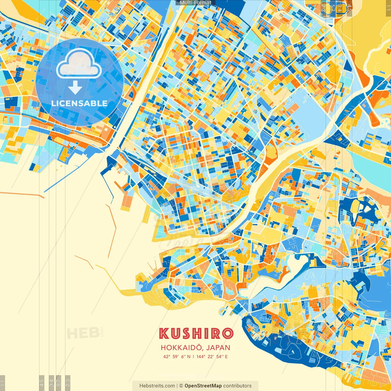 Kushiro, Hokkaidō, Japan blue and orange vector art map template